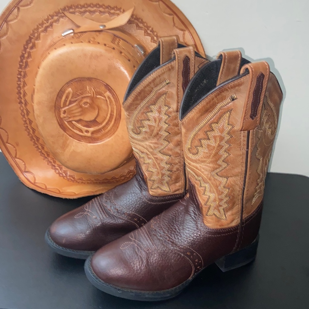 Old West Tan Youth Brown/Tan Round Toe Leather Cowboy Boots Sz 12